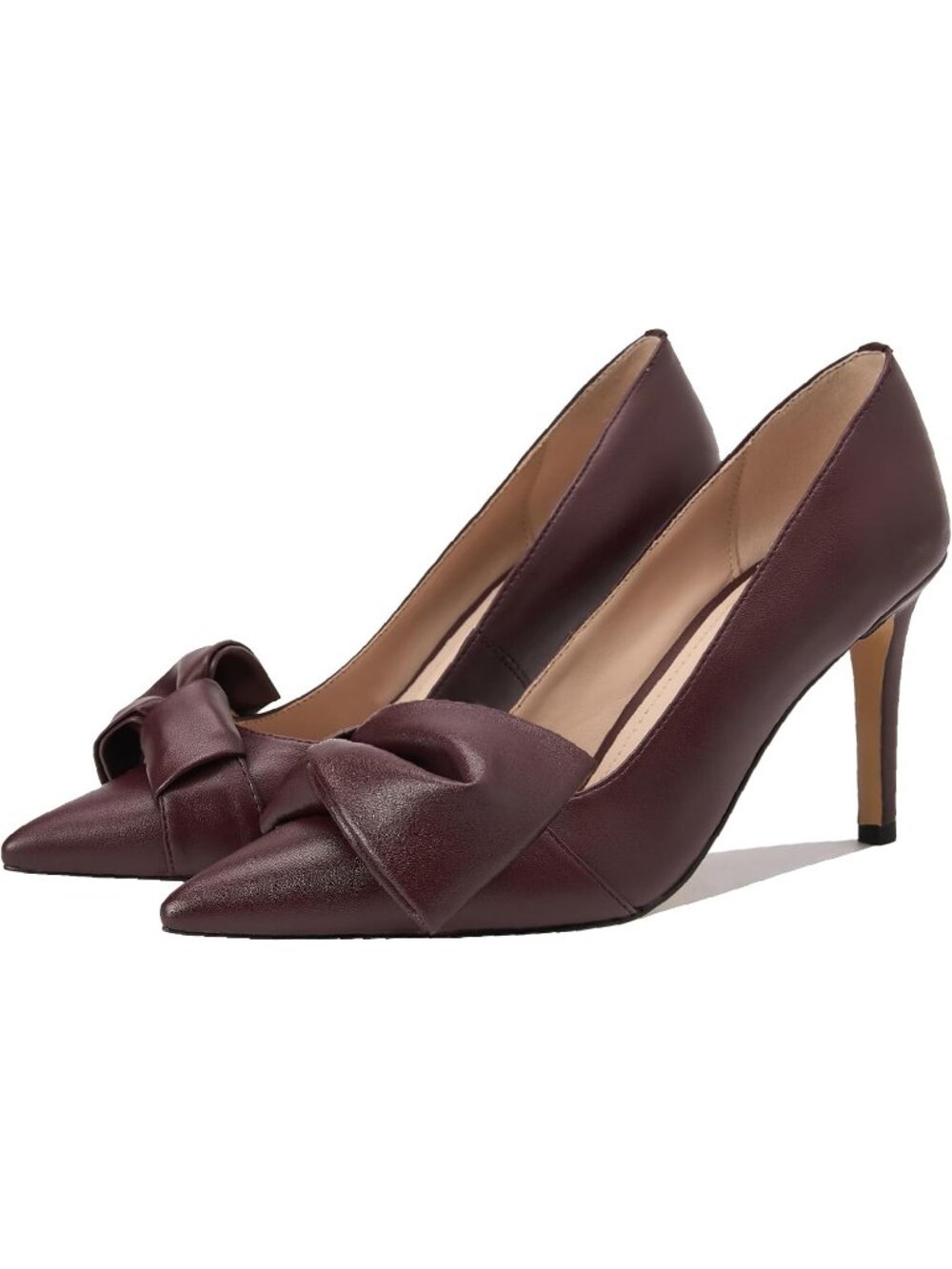 Women's Pu Burgundy Bow Heels Closed Pointed Toe Pumps Stiletto Heels Slip On